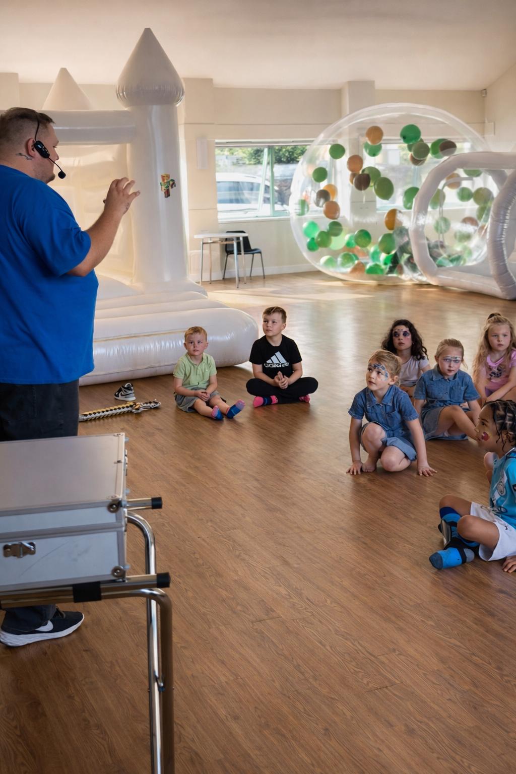 Children at a Stay and Play event with entertainer and face painting