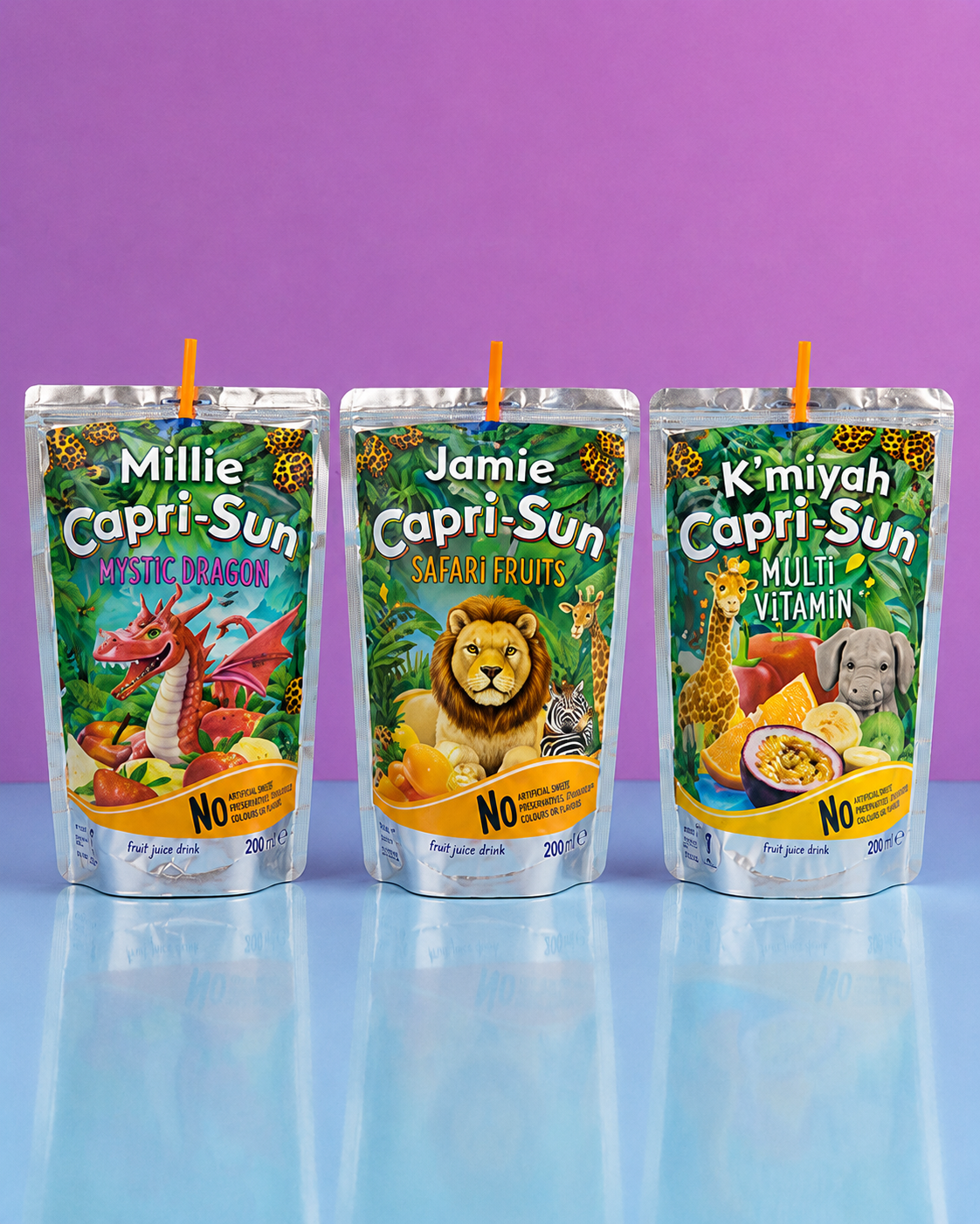 Personalised Capri-Sun party labels with safari animal designs