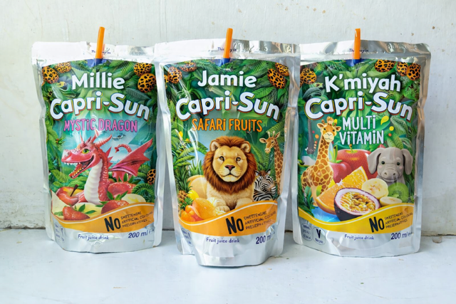 Personalised Capri-Sun party drink pouches with themed designs